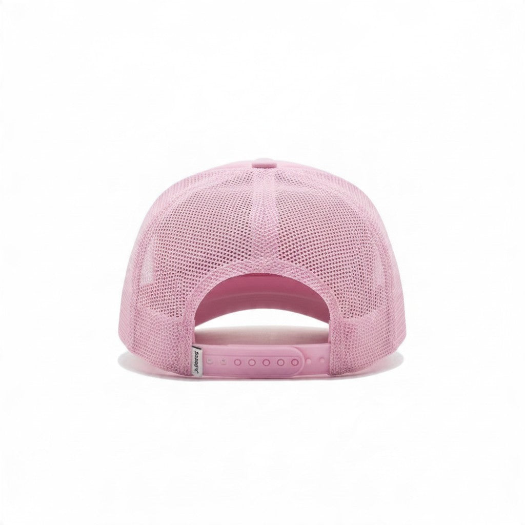 Dirty Merch Apparel light pink trucker hat with breathable mesh back and adjustable snapback closure, rear view.