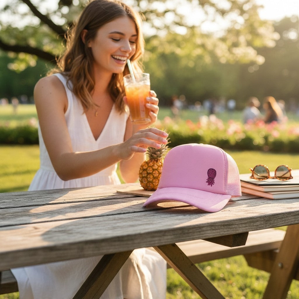 Dirty Merch Apparel pink mesh trucker hat with pineapple embroidery sitting on a wooden park table near a woman.