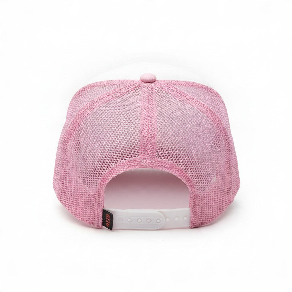 Dirty Merch Apparel pink and white foam trucker hat with mesh back and adjustable snapback closure