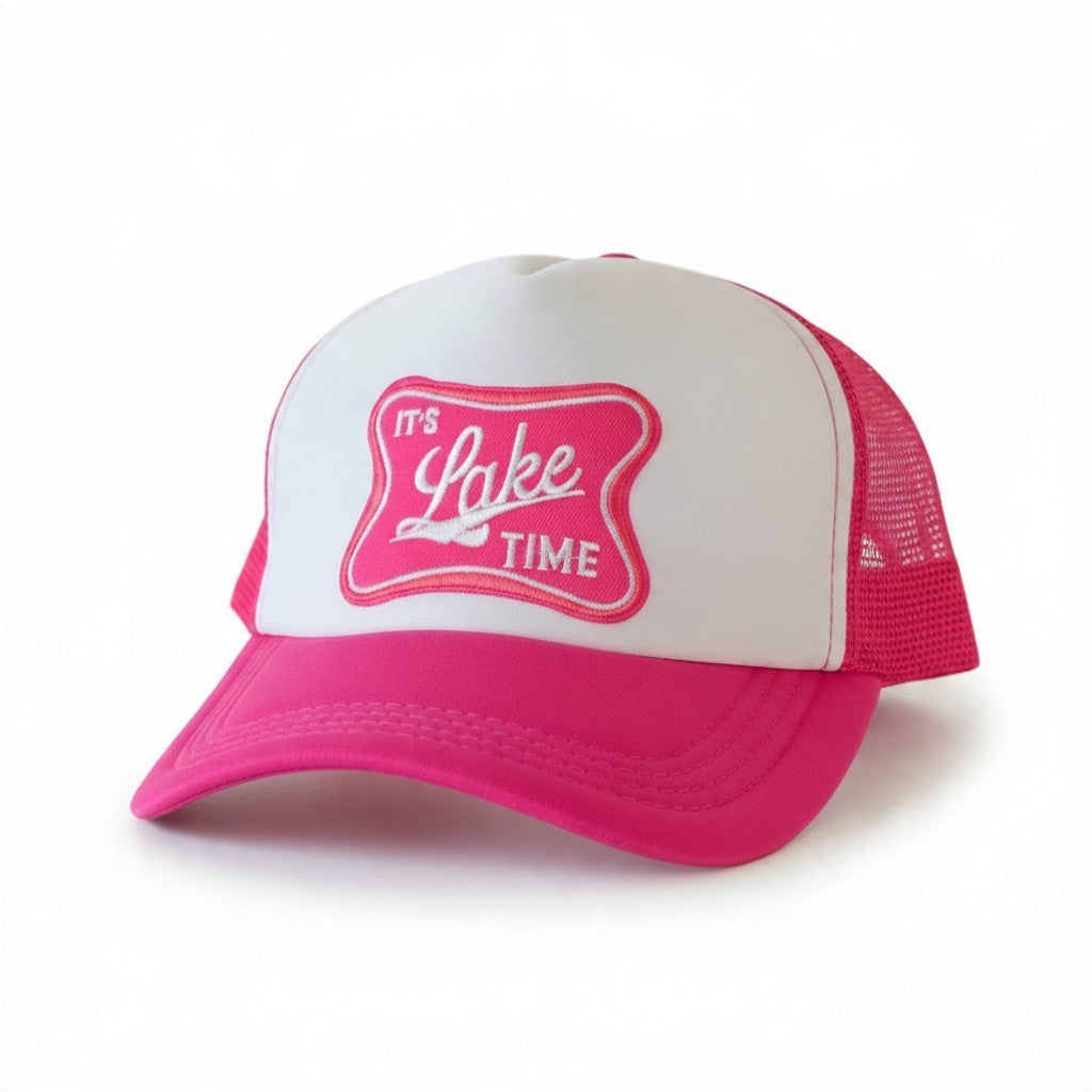 Dirty Merch Apparel pink and white foam trucker hat with embroidered It’s Lake Time logo on the front panel