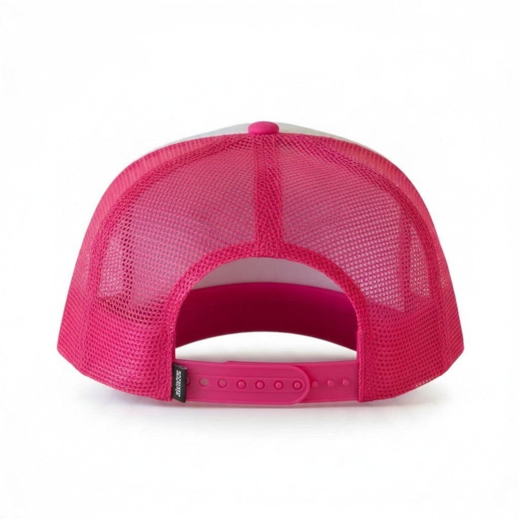 Dirty Merch Apparel It’s Lake Time trucker hat in bright pink with a white front panel and adjustable snapback closure