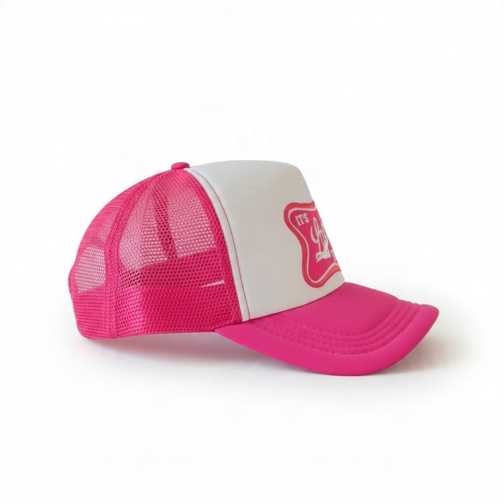 Dirty Merch Apparel It’s Lake Time pink and white embroidered foam trucker hat with mesh back