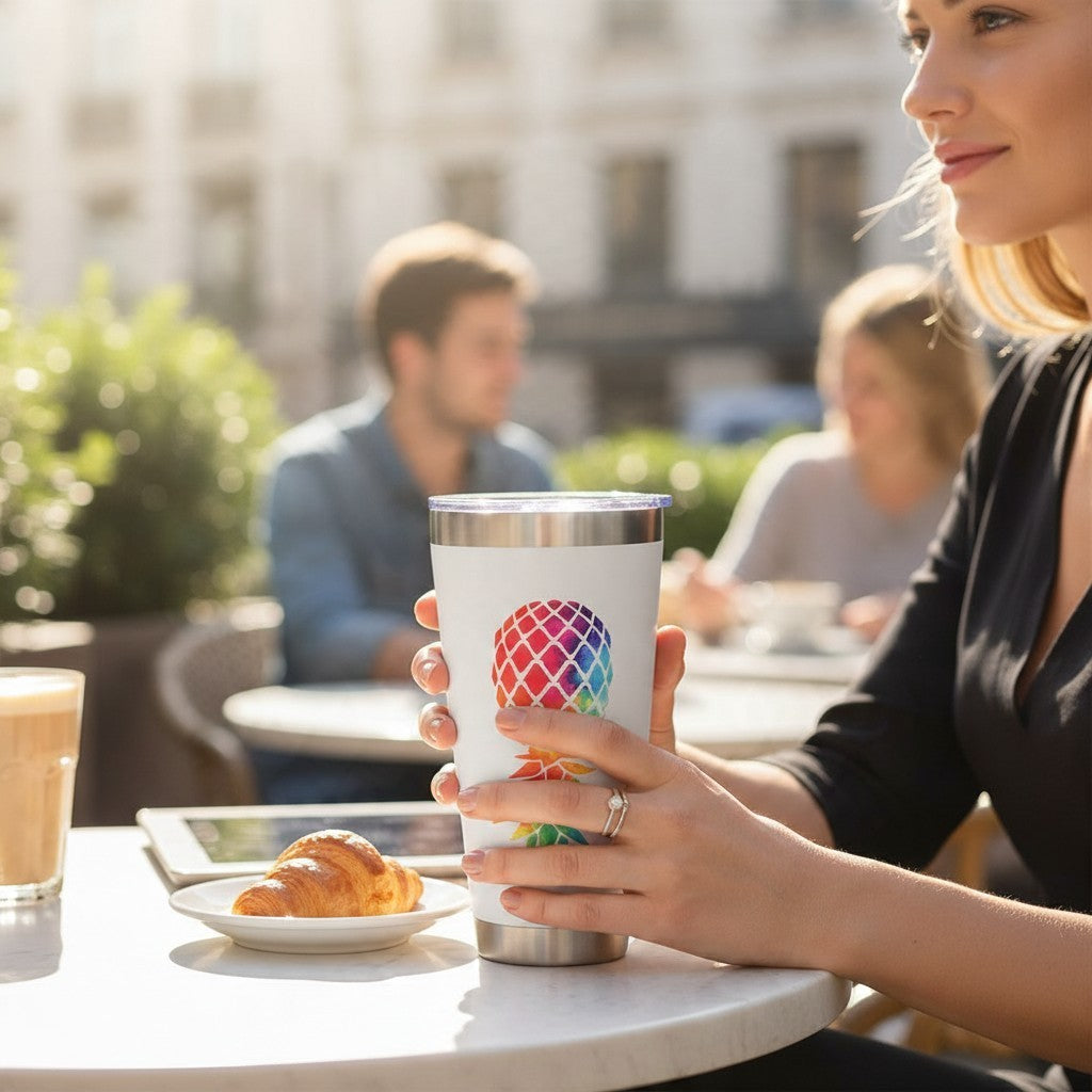 Dirty Merch Apparel white tumbler with a rainbow upside-down pineapple print held by a woman at an outdoor cafe.