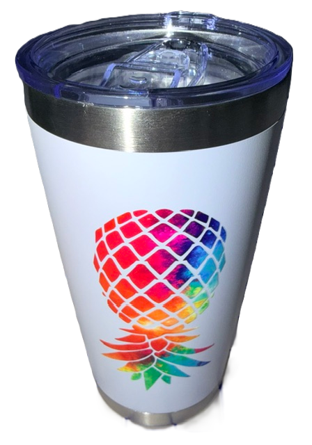 Dirty Merch Apparel white tumbler with a vibrant rainbow upside-down pineapple print and clear sliding lid