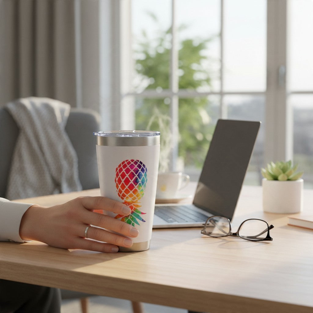 Dirty Merch Apparel white tumbler with a rainbow upside-down pineapple print held by a hand at a desk.