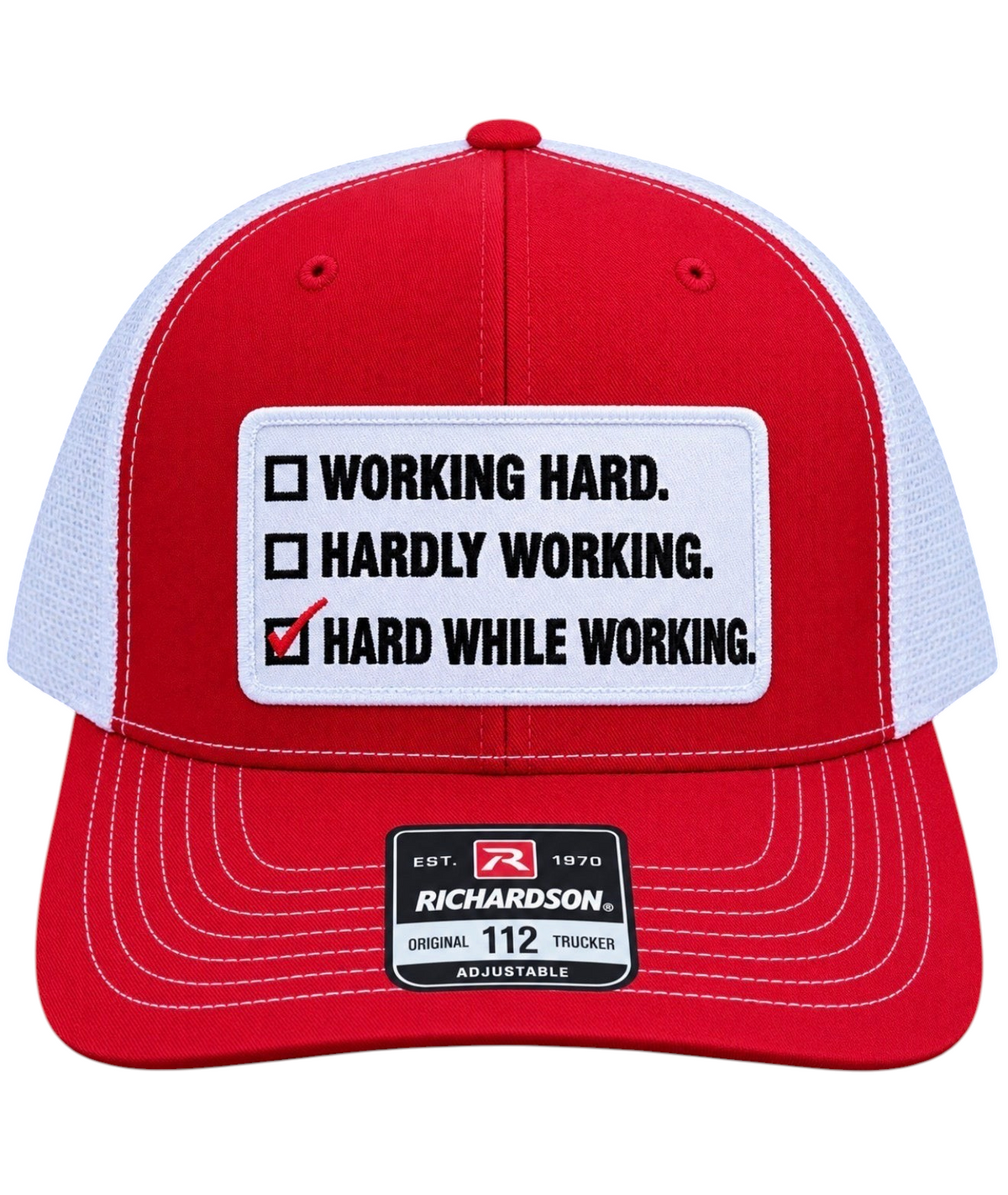 Dirty Merch Apparel red and white Richardson 112 trucker hat with embroidered Hard While Working patch