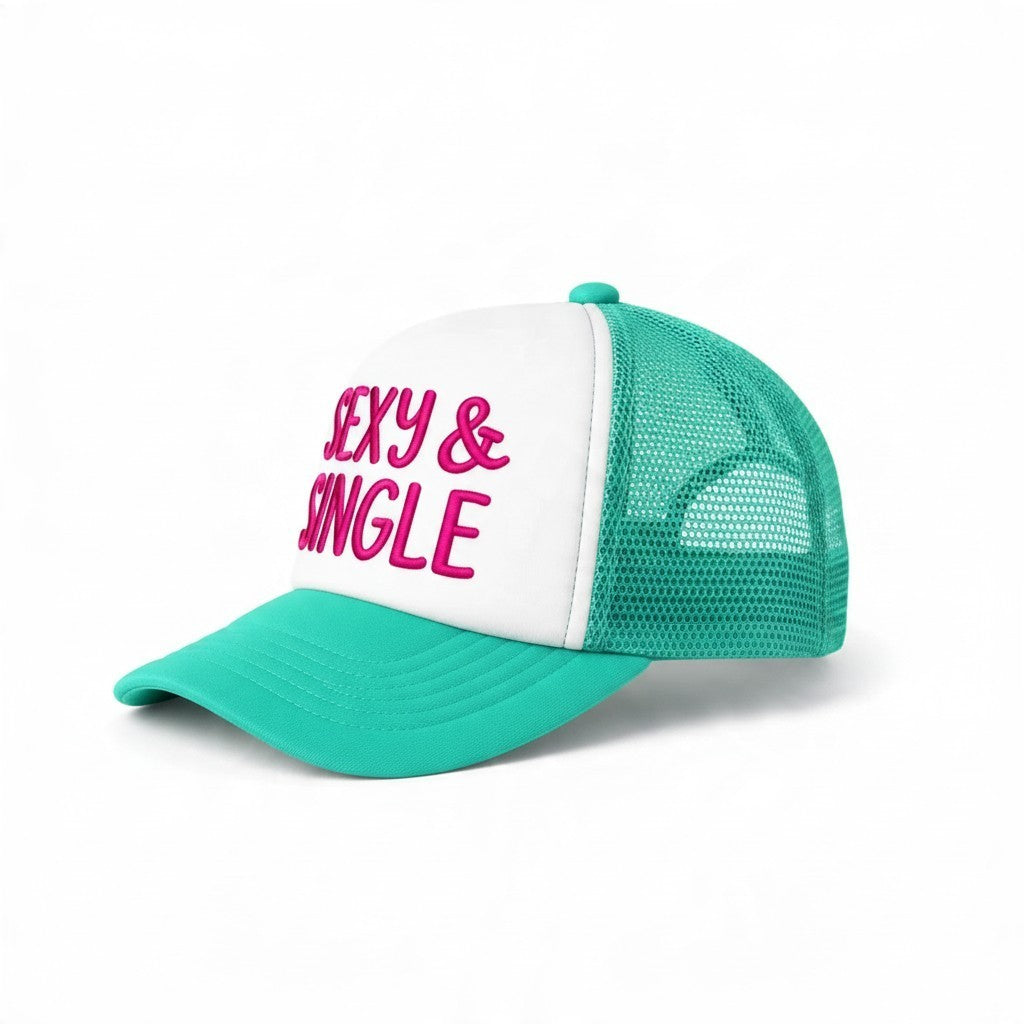 Dirty Merch Apparel Sexy & Single embroidered trucker hat with white front panel and teal mesh back