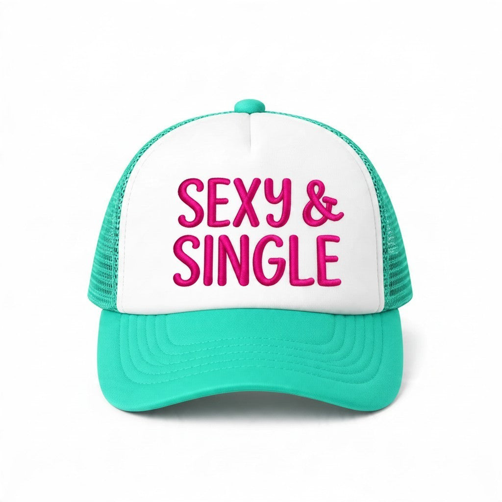 Dirty Merch Apparel Sexy & Single embroidered trucker hat with white front panel and bright teal mesh back