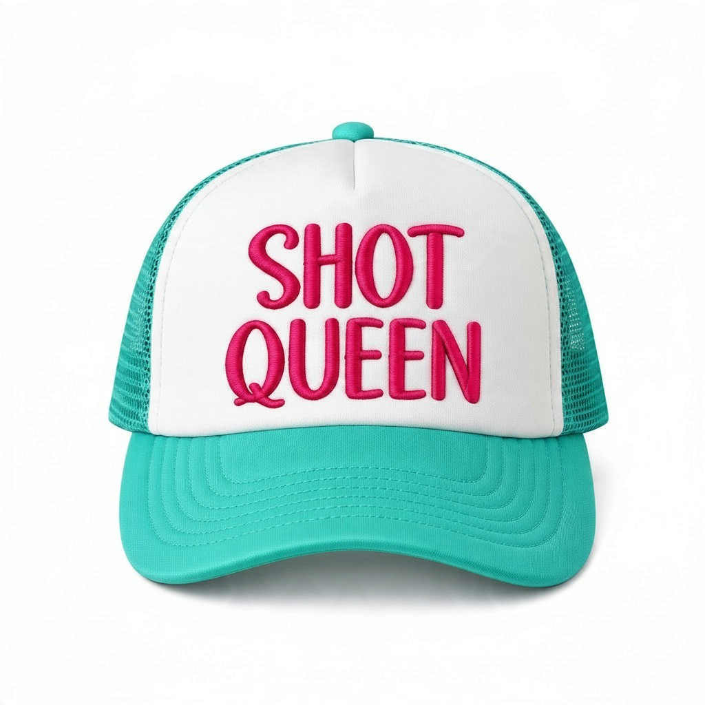 Dirty Merch Apparel Shot Queen embroidered foam trucker hat with white front panel and teal mesh back