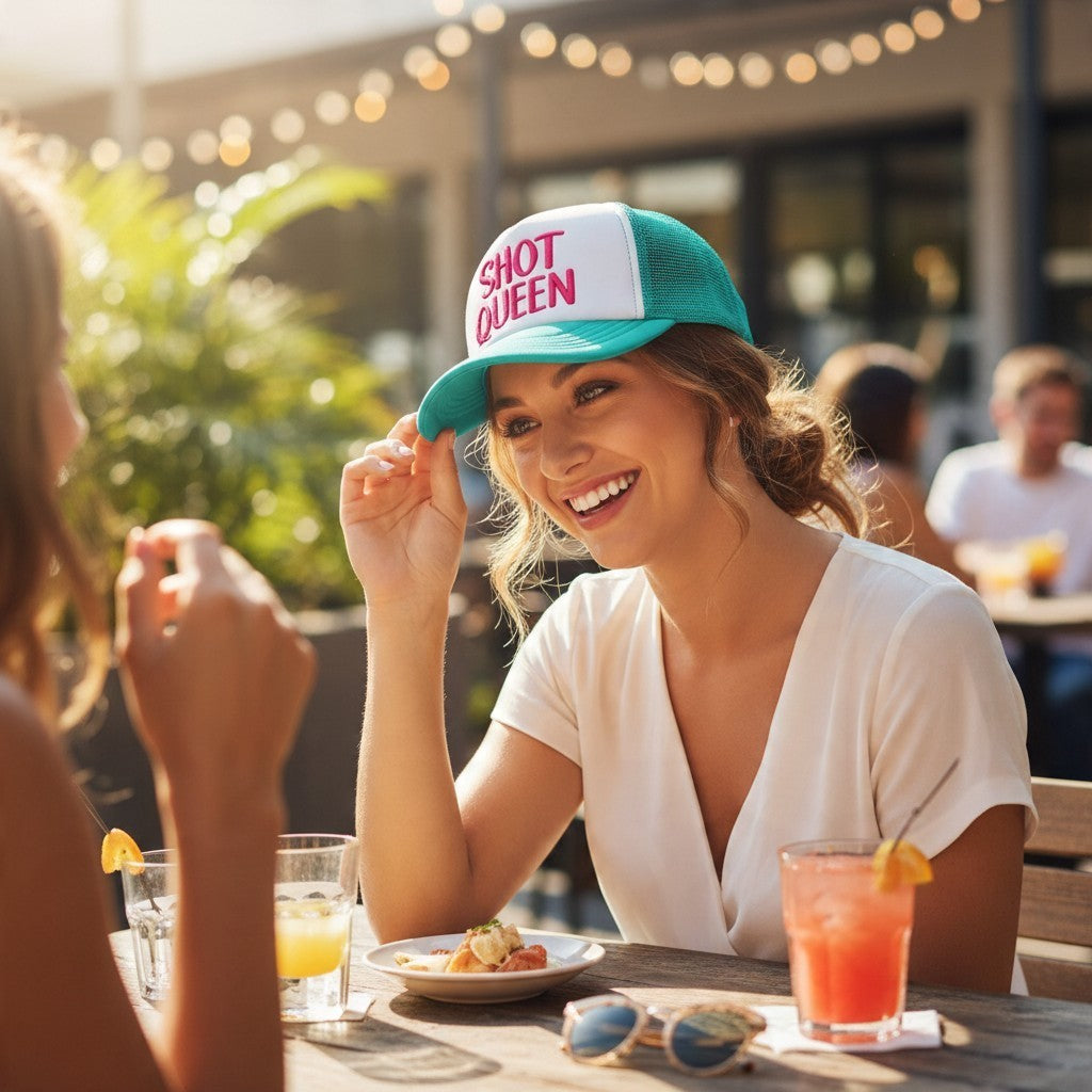 Dirty Merch Apparel Shot Queen embroidered foam trucker hat in teal and white worn by a smiling woman at a cafe