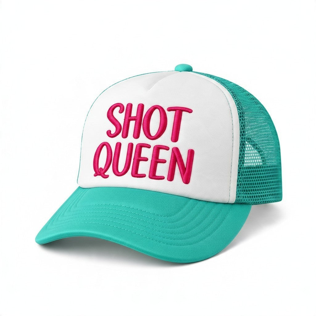 Dirty Merch Apparel Shot Queen foam trucker hat with white front, teal mesh back, and pink embroidered lettering.
