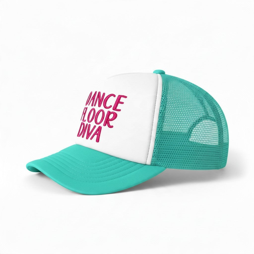 Dirty Merch Apparel foam trucker hat with teal brim and mesh back featuring embroidered Dance Floor Diva text