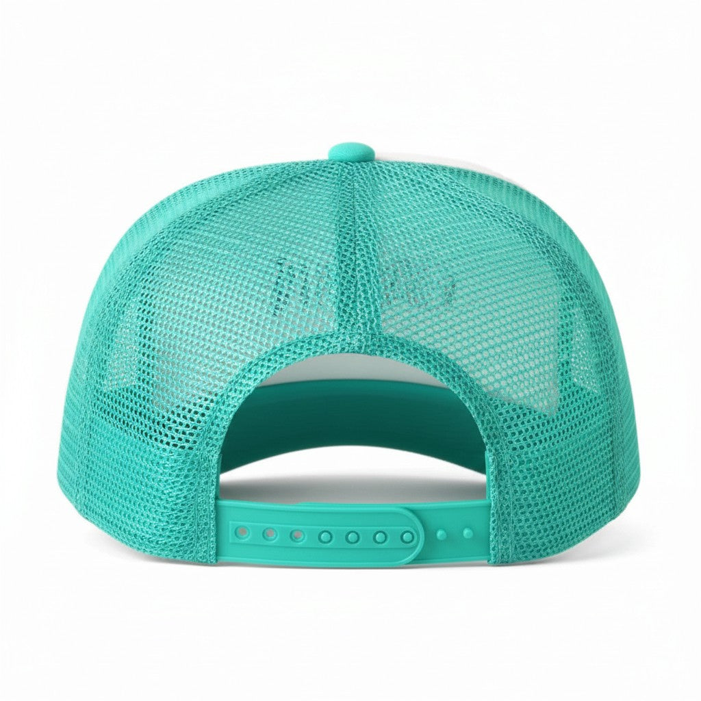 Dirty Merch Apparel Throat Goat trucker hat featuring a teal mesh back and adjustable snapback closure