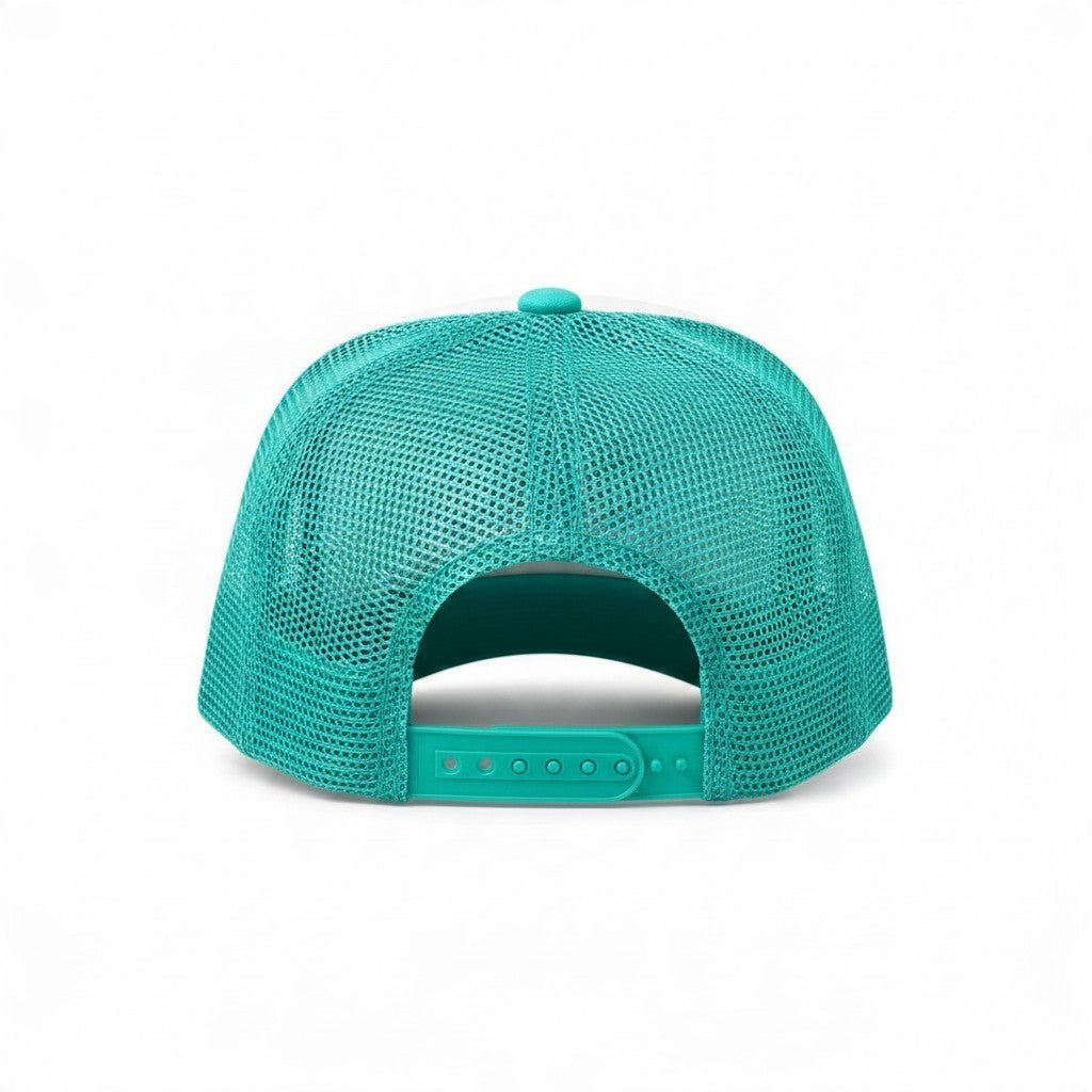 Dirty Merch Apparel teal trucker hat with mesh back and adjustable plastic snapback closure, rear view.