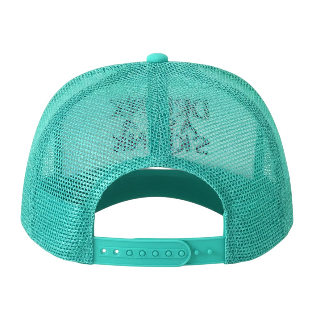 Dirty Merch Apparel teal mesh trucker hat with adjustable snapback closure, back view showing breathable fabric.