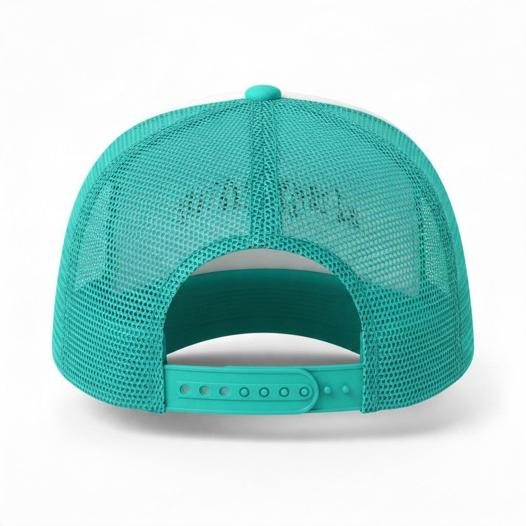 Dirty Merch Apparel Spitters Are Quitters embroidered foam OTTO trucker hat with teal mesh back and snapback closure