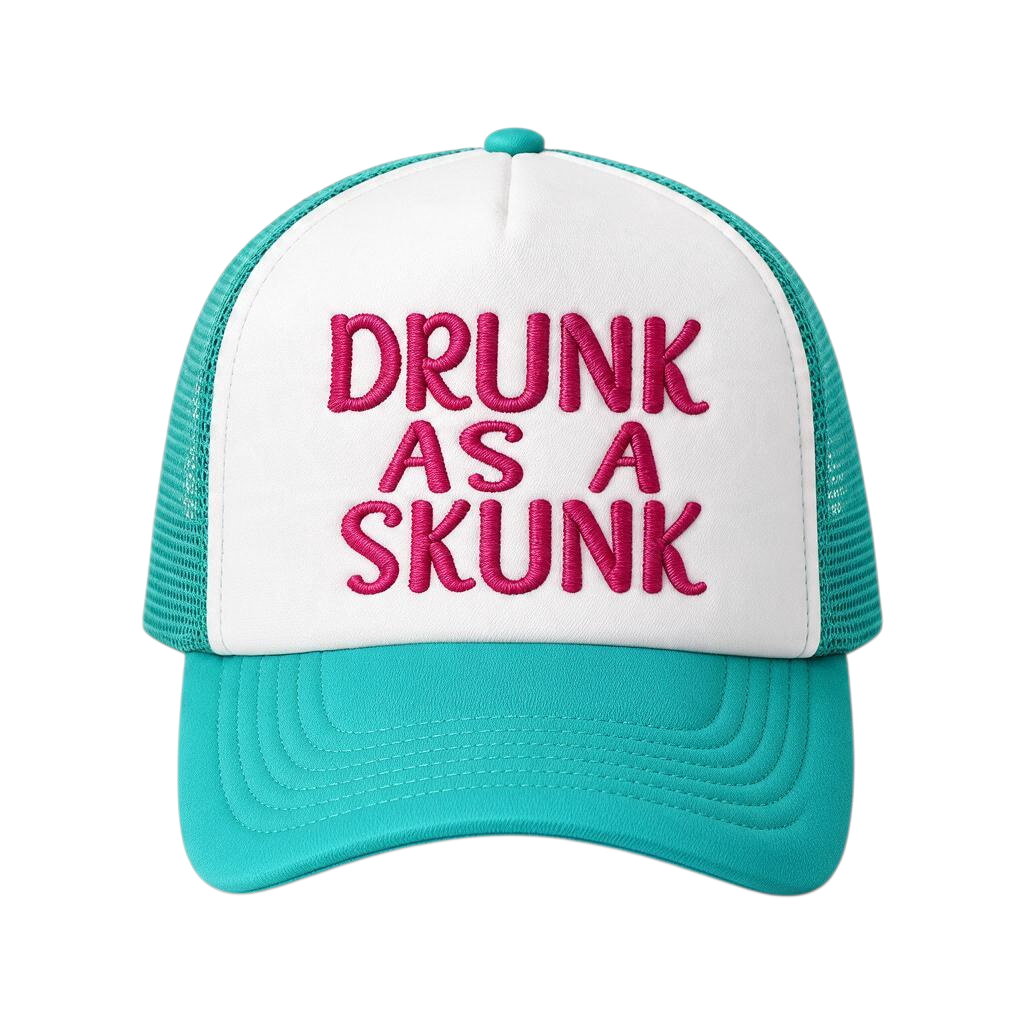 Dirty Merch Apparel teal and white mesh trucker hat with Drunk As A Skunk embroidered in pink on the front panel.