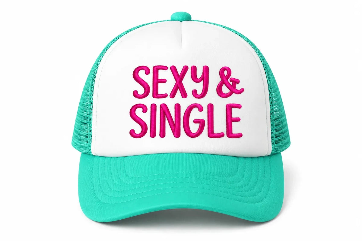 Dirty Merch Apparel Sexy & Single embroidered trucker hat in teal and white with pink text