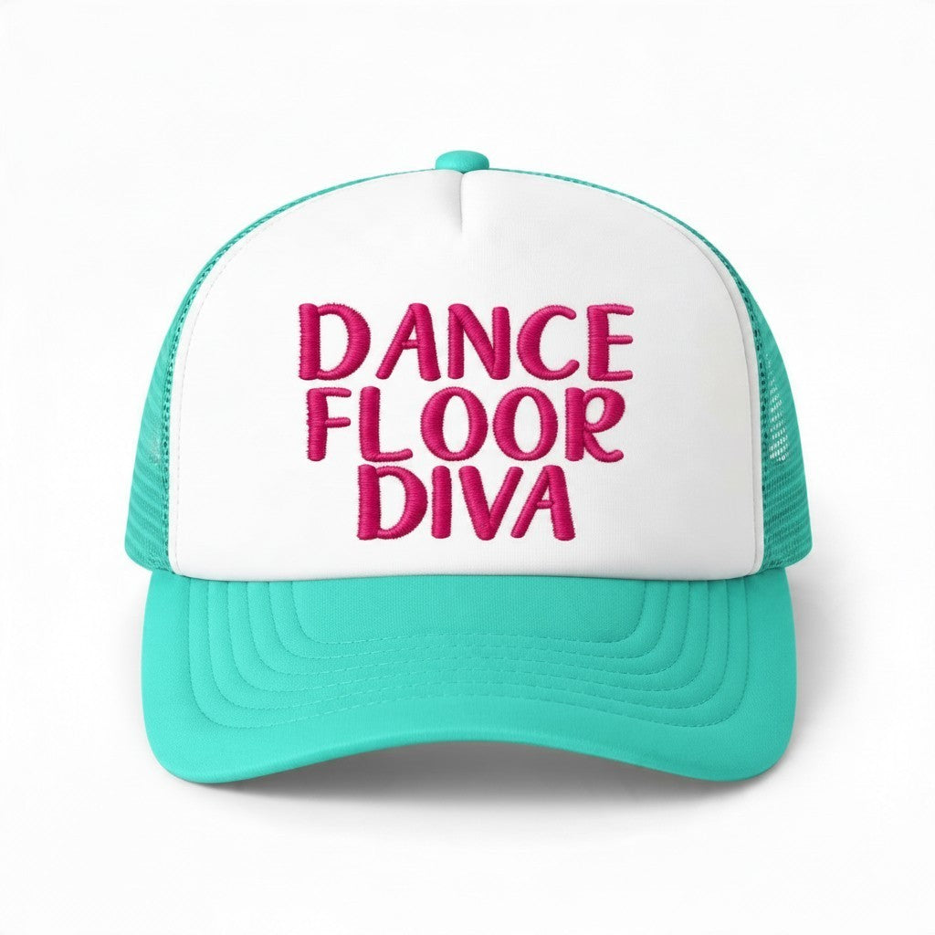 Dirty Merch Apparel DANCE FLOOR DIVA embroidered foam OTTO trucker hat in teal and white with pink lettering