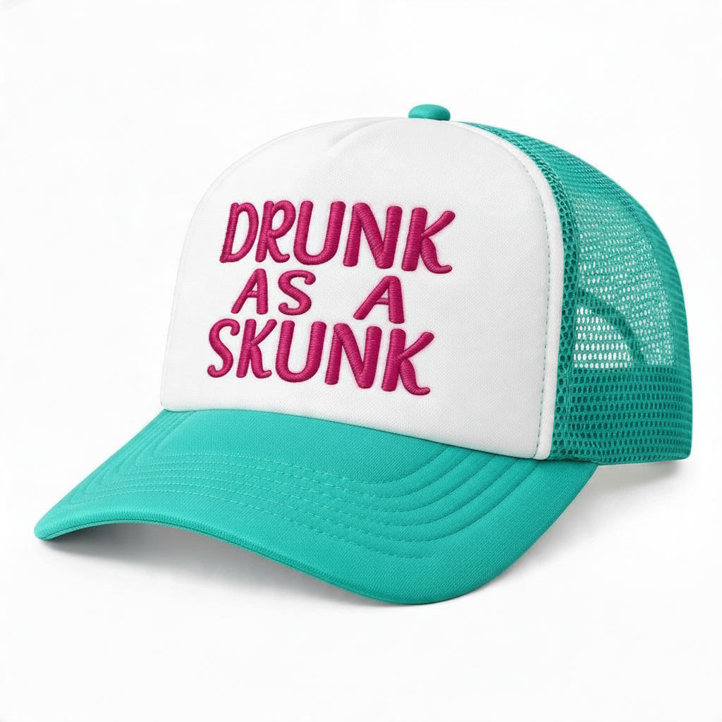 Dirty Merch Apparel teal and white mesh trucker hat with Drunk As A Skunk embroidered text on the front panel.