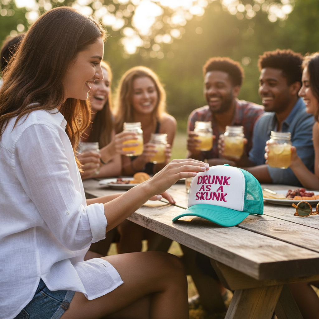 Dirty Merch Apparel teal and white mesh trucker hat with Drunk As A Skunk embroidery on a picnic table with friends