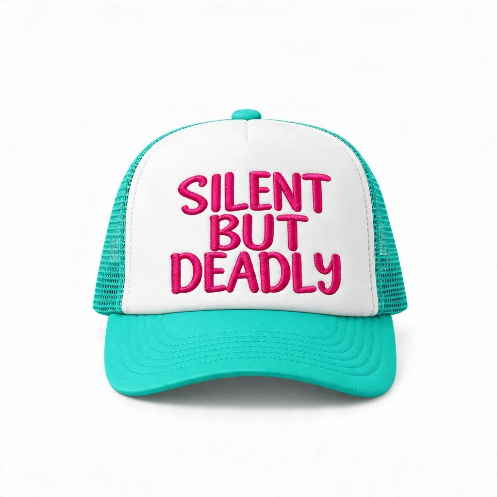 Dirty Merch Apparel trucker hat with white front panel, teal mesh back, and pink embroidered Silent But Deadly text