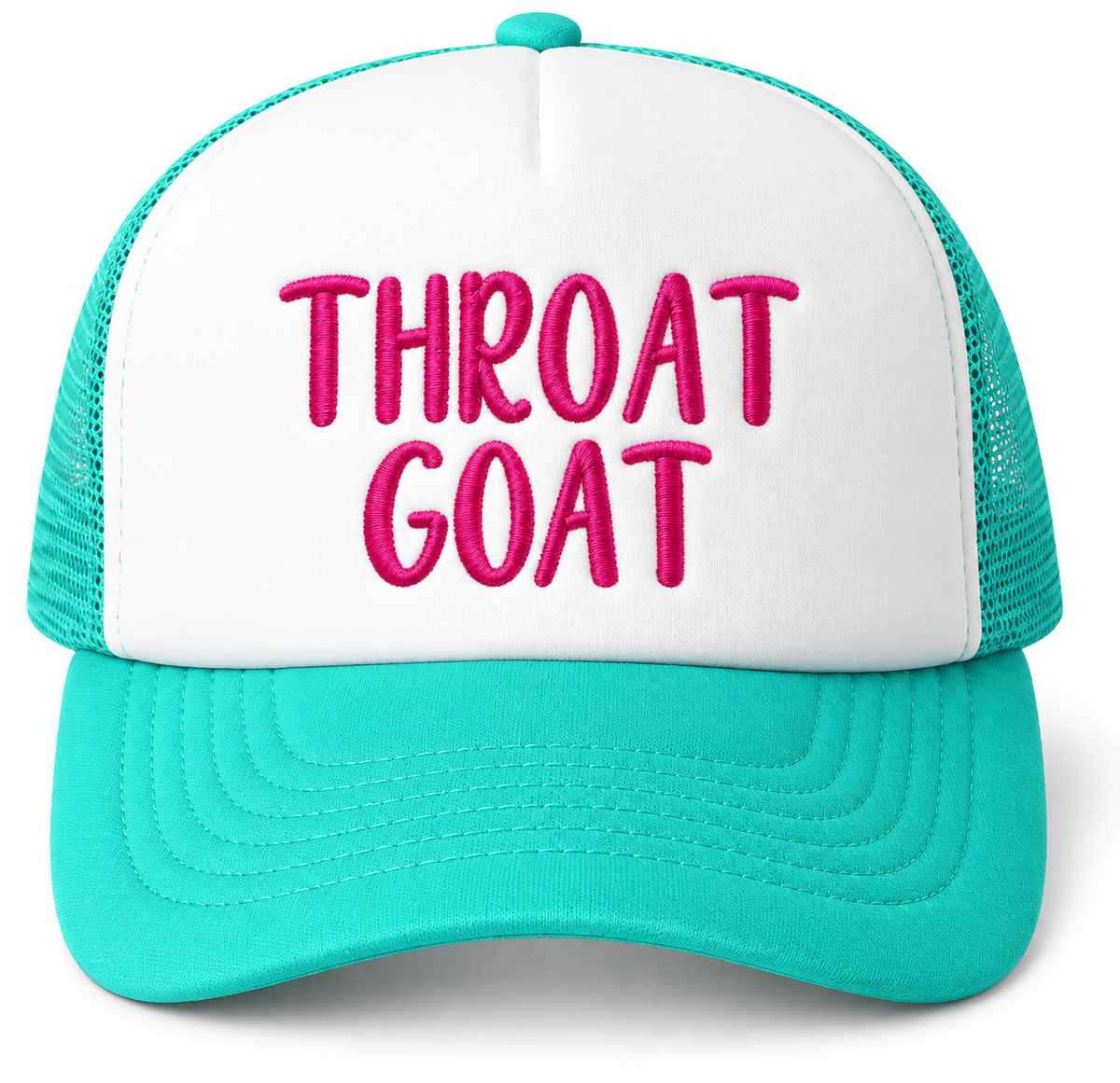 Dirty Merch Apparel white and teal foam trucker hat with pink embroidered Throat Goat text on the front panel