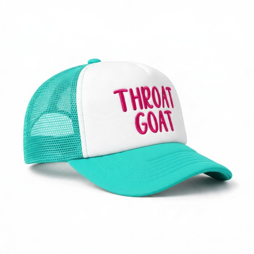 Dirty Merch Apparel Throat Goat embroidered foam trucker hat with white front panel, teal mesh back, and pink text.