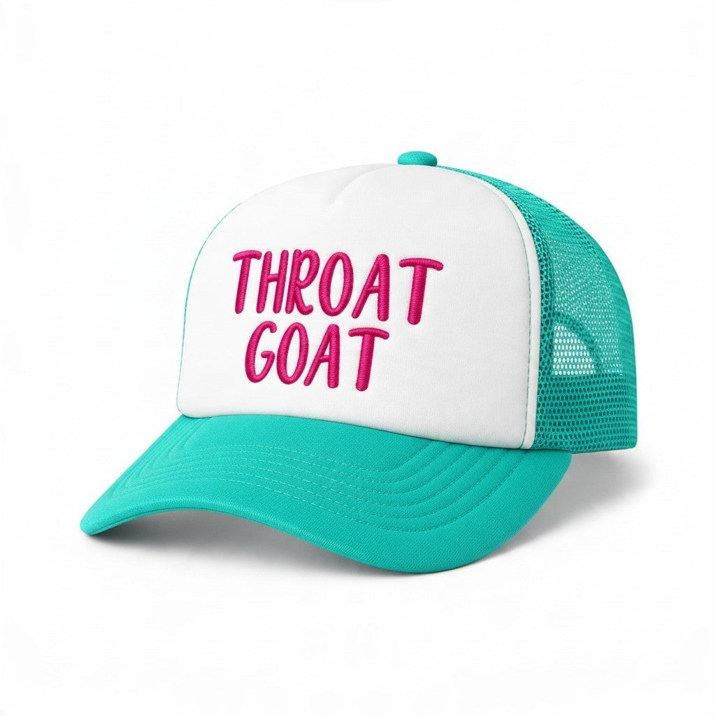 Dirty Merch Apparel Throat Goat embroidered foam trucker hat with white front panel and teal mesh back and brim
