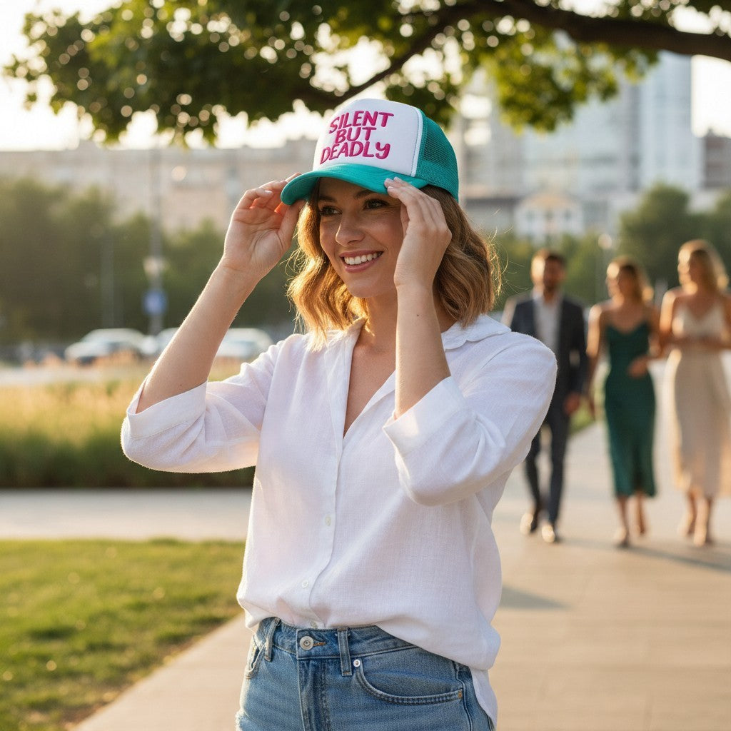 Dirty Merch Apparel trucker hat with Silent But Deadly embroidery worn by a woman in a park at sunset