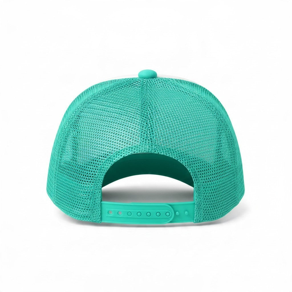 Dirty Merch Apparel turquoise mesh trucker hat with adjustable snapback closure, rear view