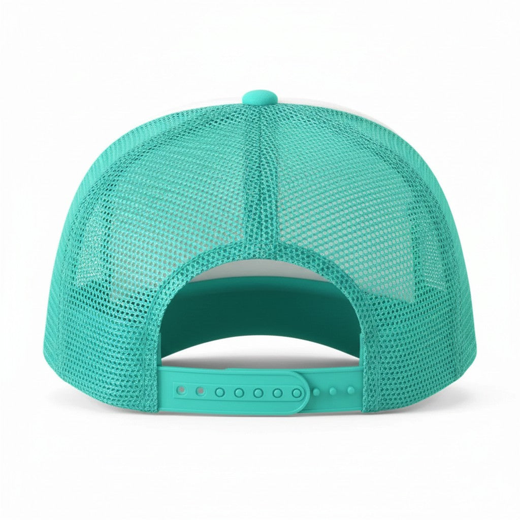 Dirty Merch Apparel Beard Rider turquoise foam trucker hat with adjustable snapback closure, rear view